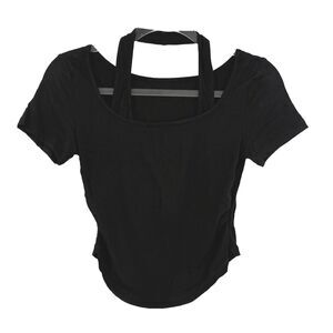 HALARA 2 in 1 Halter Scoop Neck Short Sleeve Cropped Top M Black Ribbed NWT B3